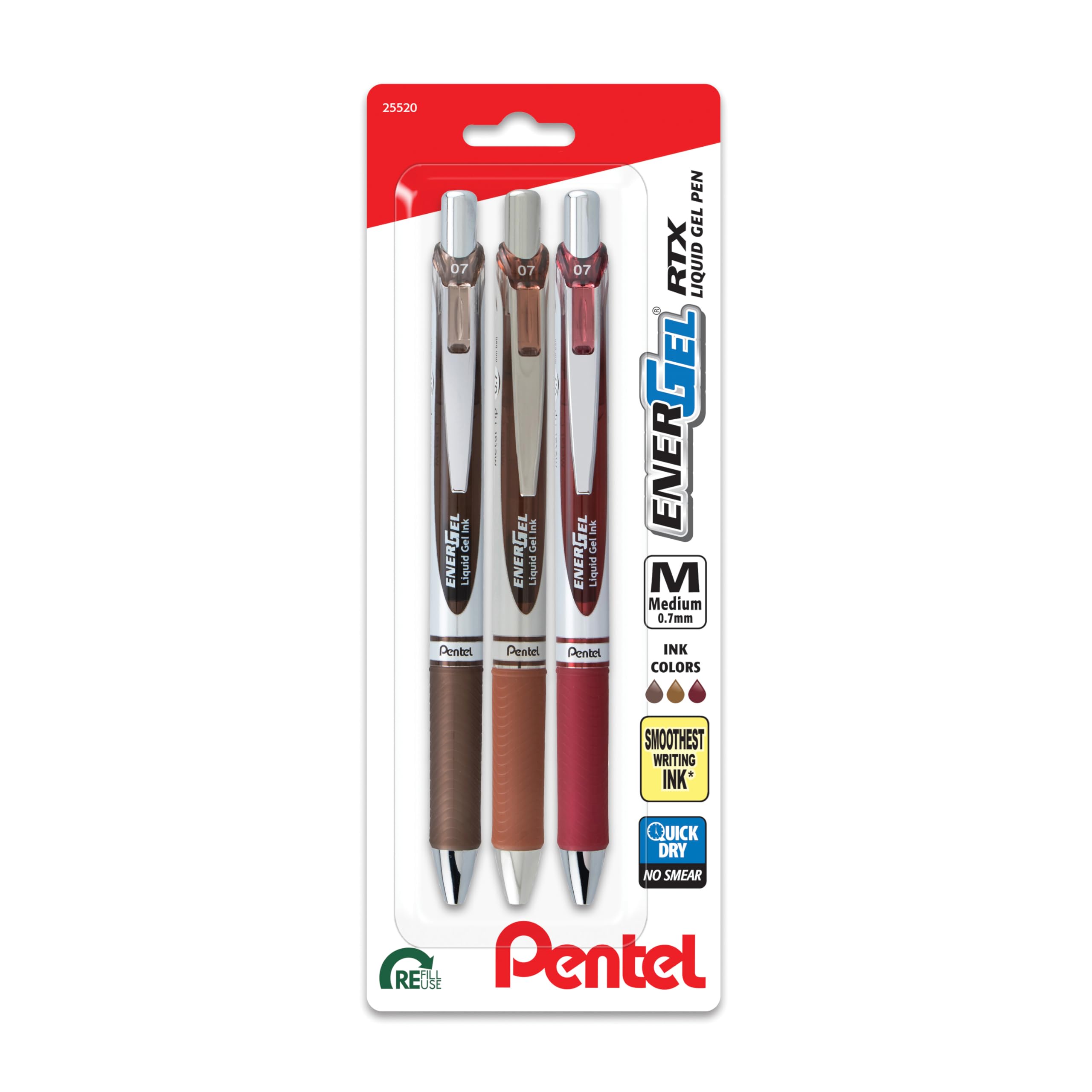 Photo 1 of Pentel EnerGel RTX Retractable Liquid Gel Pen, Change Hue, 0.7mm, Sepia, Brown and Burgundy Ink, Pack of 3 Pens (BL77CHABP3M)