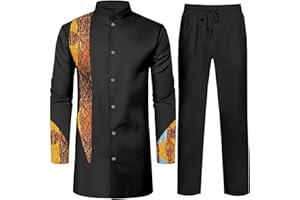 SEA&ALP African Dashiki Suit for Men Kente Print Long Sleeve Outfit Clothing Shirts and Pants 2 Piece Traditional Attire