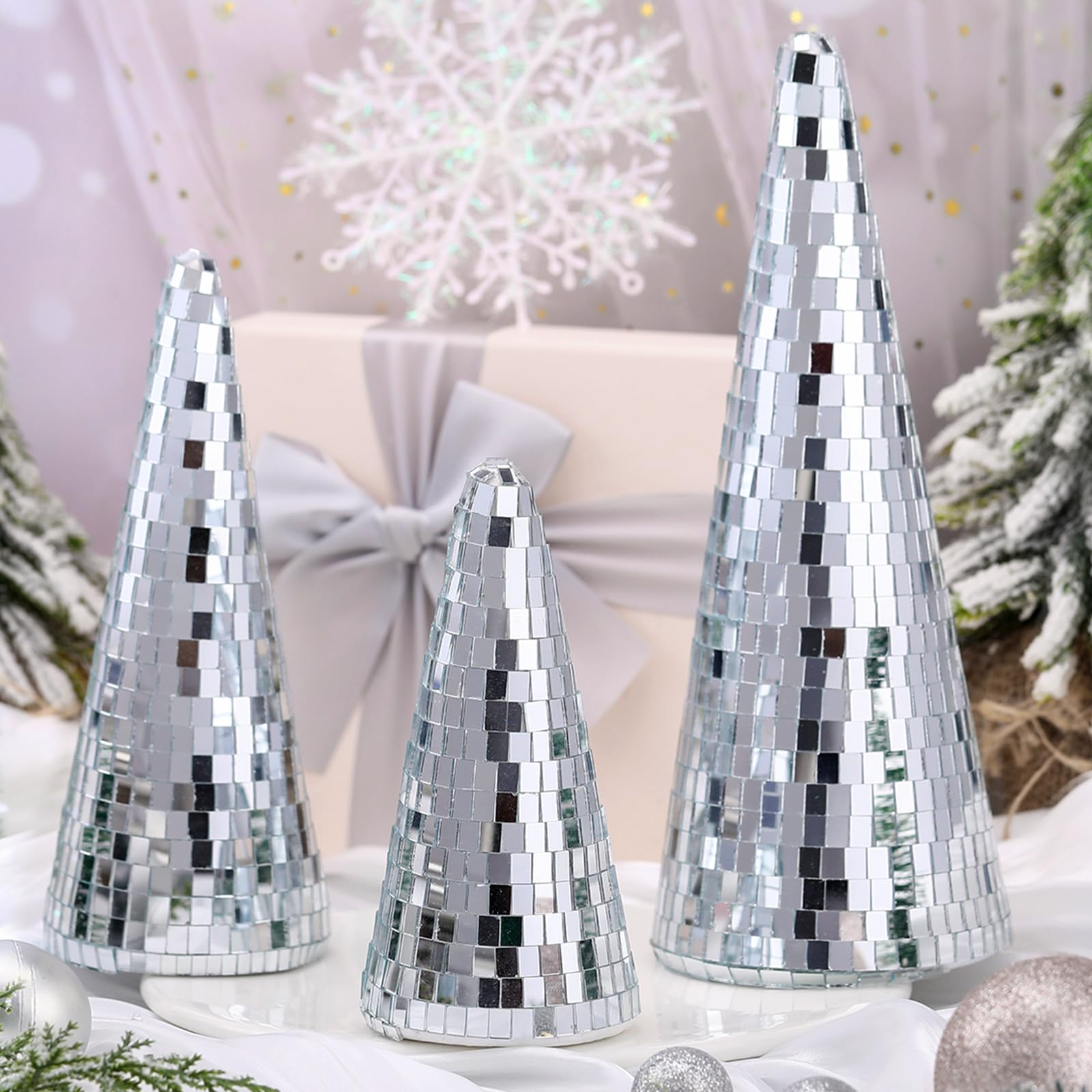 Photo 1 of Burbell 3 Pieces Disco Christmas Tree Shiny Cone Tree Tabletop Christmas Tree Decorative Handmade Disco Decor for Xmas Table Party Centerpiece Decoration(Silver,9.84", 7.87",5.91")