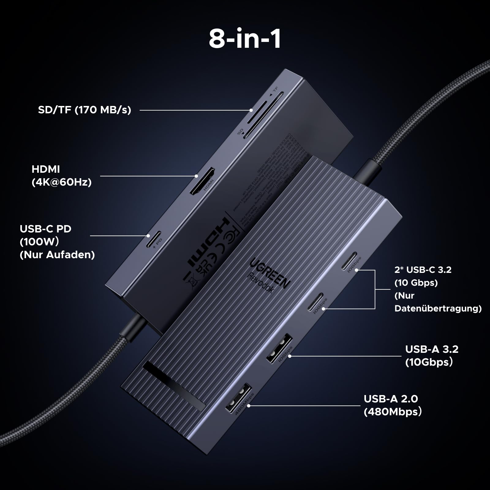 UGREEN Revodok Pro 108 10Gbps USB C Hub, USB C Adapter mit HDMI 4K@60Hz, Docking Station mit USB 3.2 10Gbps, SD/TF Kartenleser, PD 100W Kompatibel mit MacBook, Surface, iPad Pro und mehr 2