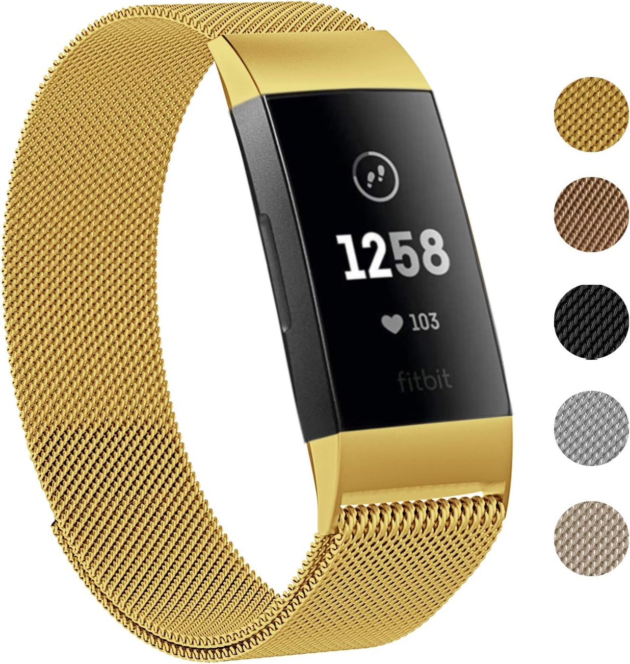Keasy Replacement Bands Compatible for Fitbit Charge 3, Stainless Steel Metal Wristbands with Metal Lock for Women Men (Gold, Small)