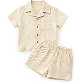 XMWEALTHY Toddler Baby Boy Summer Clothes Color Block Short Sleeve Button-down Shirt Tops + Cotton Pants Outfit Set