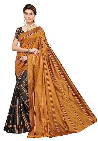 Womens Poly Silk Printed Saree with Tassels (Black and Gold)