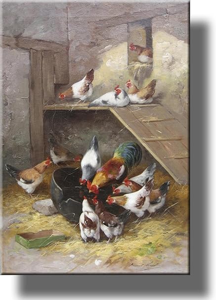 Rooster And Hens In Chicken Coop By Neuville Picture On Stretched Canvas Wall Art Décor Ready To Hang