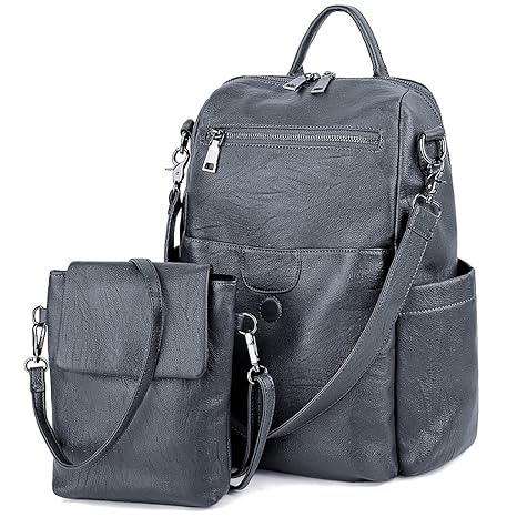 UTO Damen Rücksack Purse PU gewaschen Leder Frau Rucksack Detachable Crossbody Schultertasche Grey