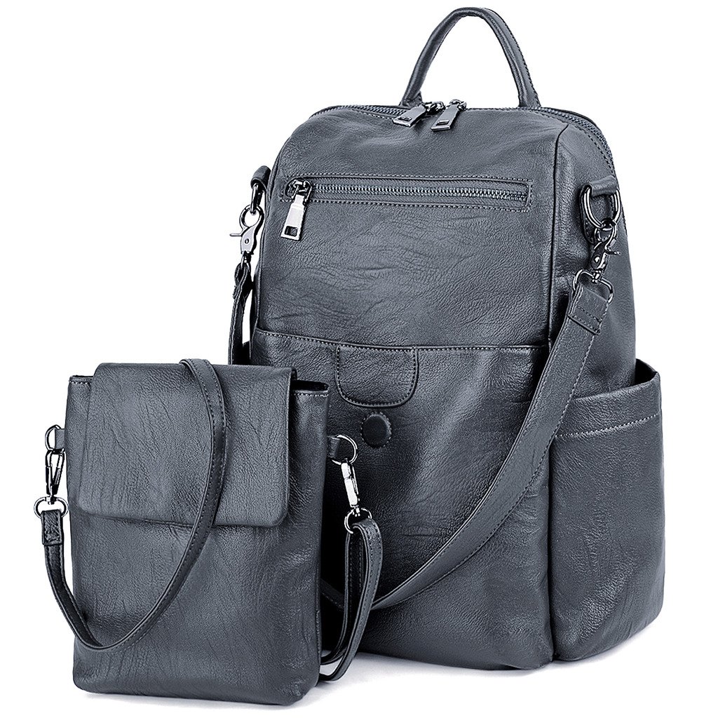 UTO Fashion Backpack for Women Ladies Rucksack with Detachable Crossbody Bag Synthetic Leather Grey