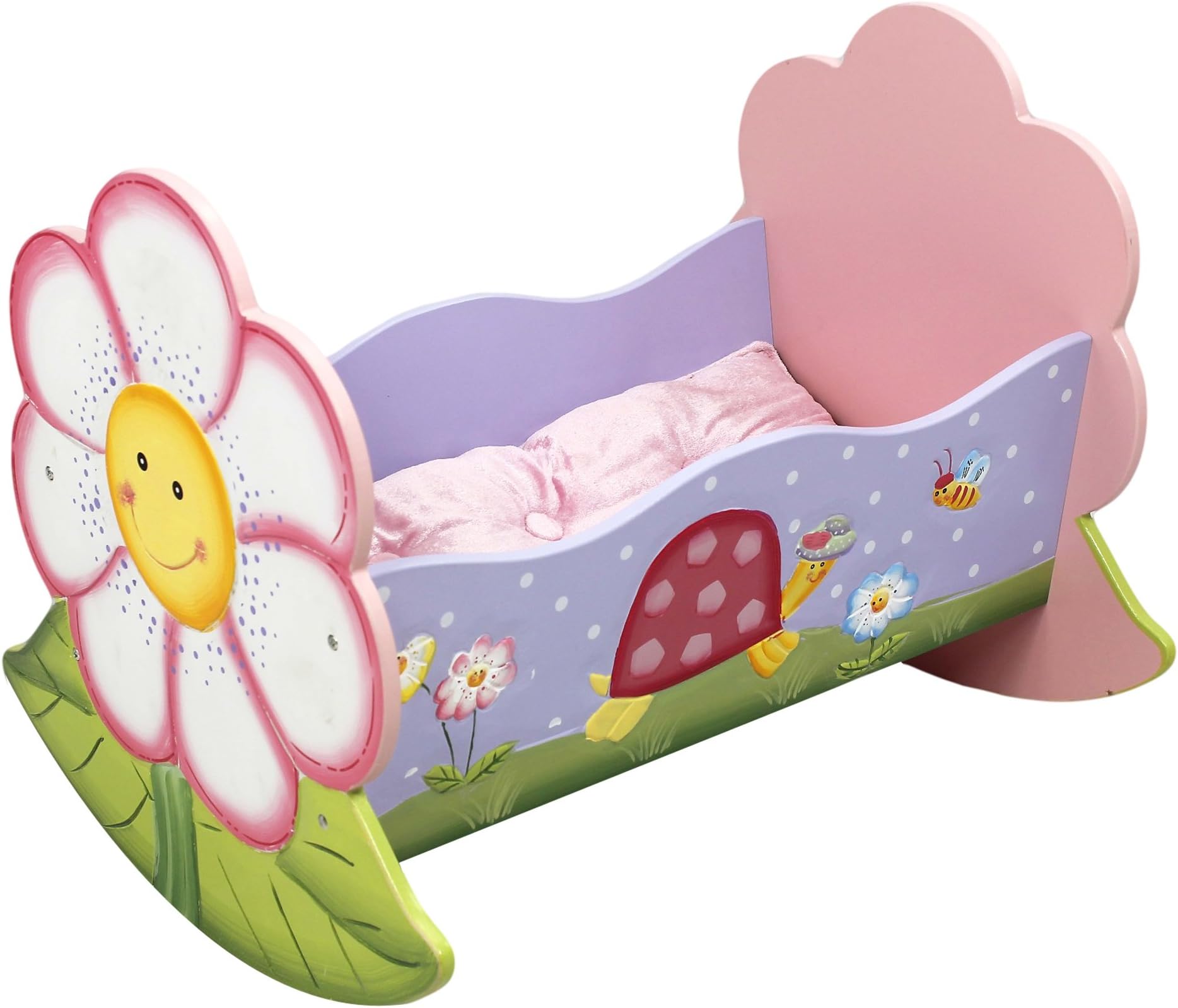 Fantasy Fields - Magic Garden themed Pink Wooden Rocking Cradle Crib Bed with Blanket for 18 inch Baby Doll | Hand Crafted & Hand Painted Details | Pretend Play