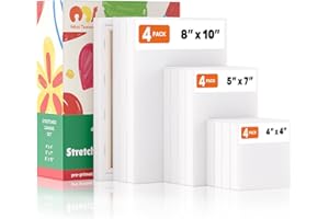 MiniTeasure Stretched Canvas for Painting 12 Pack Blank Canvas for Kids 4×4, 5x7, 8x10, 100% Cotton 5/8 Inch Profile Art Canvas for Beginners, Artist for Acrylic Pouring, Oil Paint