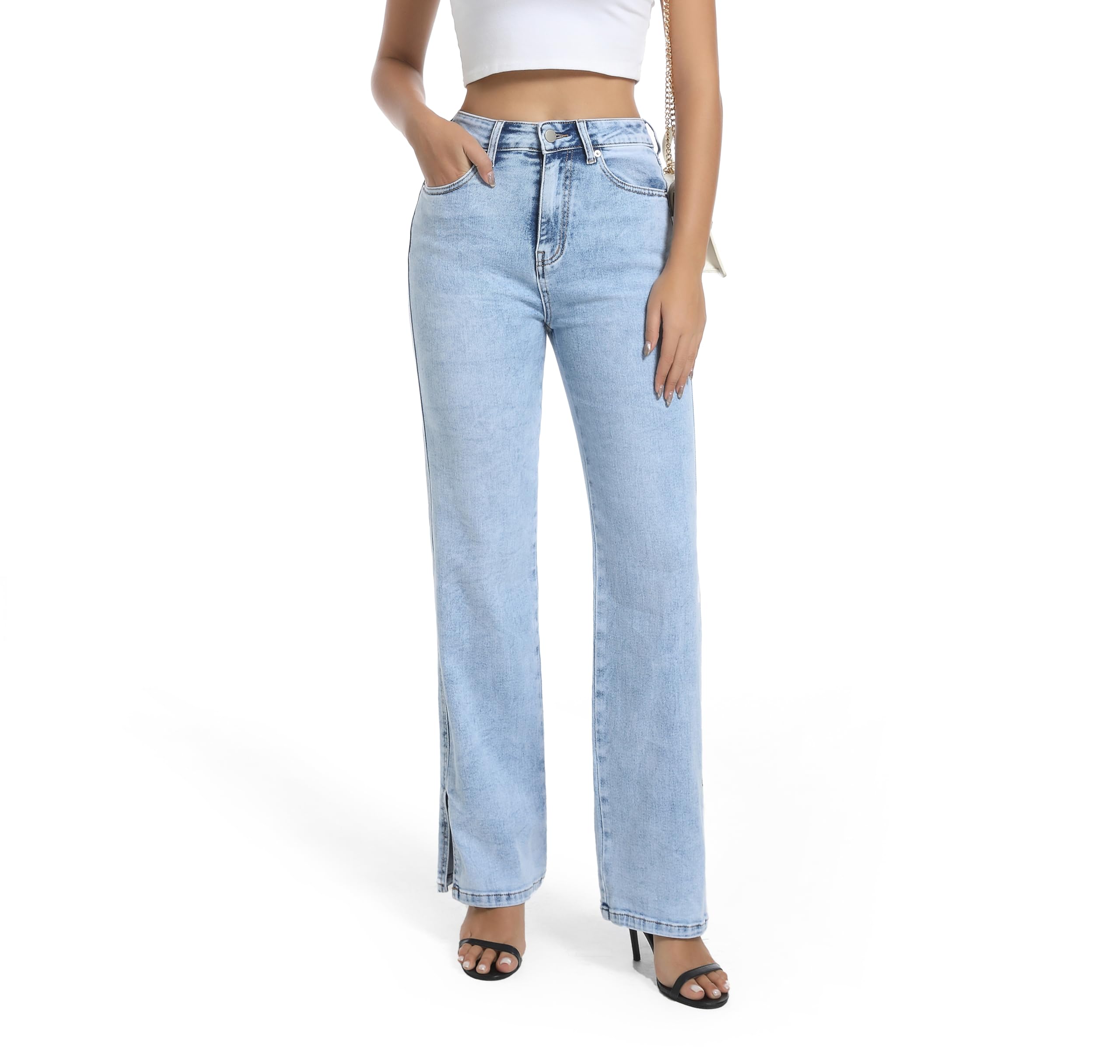 Photo 1 of Guaile Womens Jeans High Waisted Stretchy Straight Leg Split Hem Jeans for Women Trendy Classic Denim Light Blue Size 10