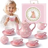 TUZT Tea Party Set for Little Girls Ages 3-8, Pink Heart Porcelain Tea Set with Gold Trim Edges, Princess Tea Time Toy Includes Pot &amp; Cups &amp; Saucers &amp; Suitcase, Birthday Gifts for Toddlers Girls