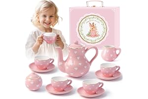 TUZT Tea Party Set for Little Girls Ages 3-8, Pink Heart Porcelain Tea Set with Gold Trim Edges, Princess Tea Time Toy Includes Pot & Cups & Saucers & Suitcase, Birthday Gifts for Toddlers Girls