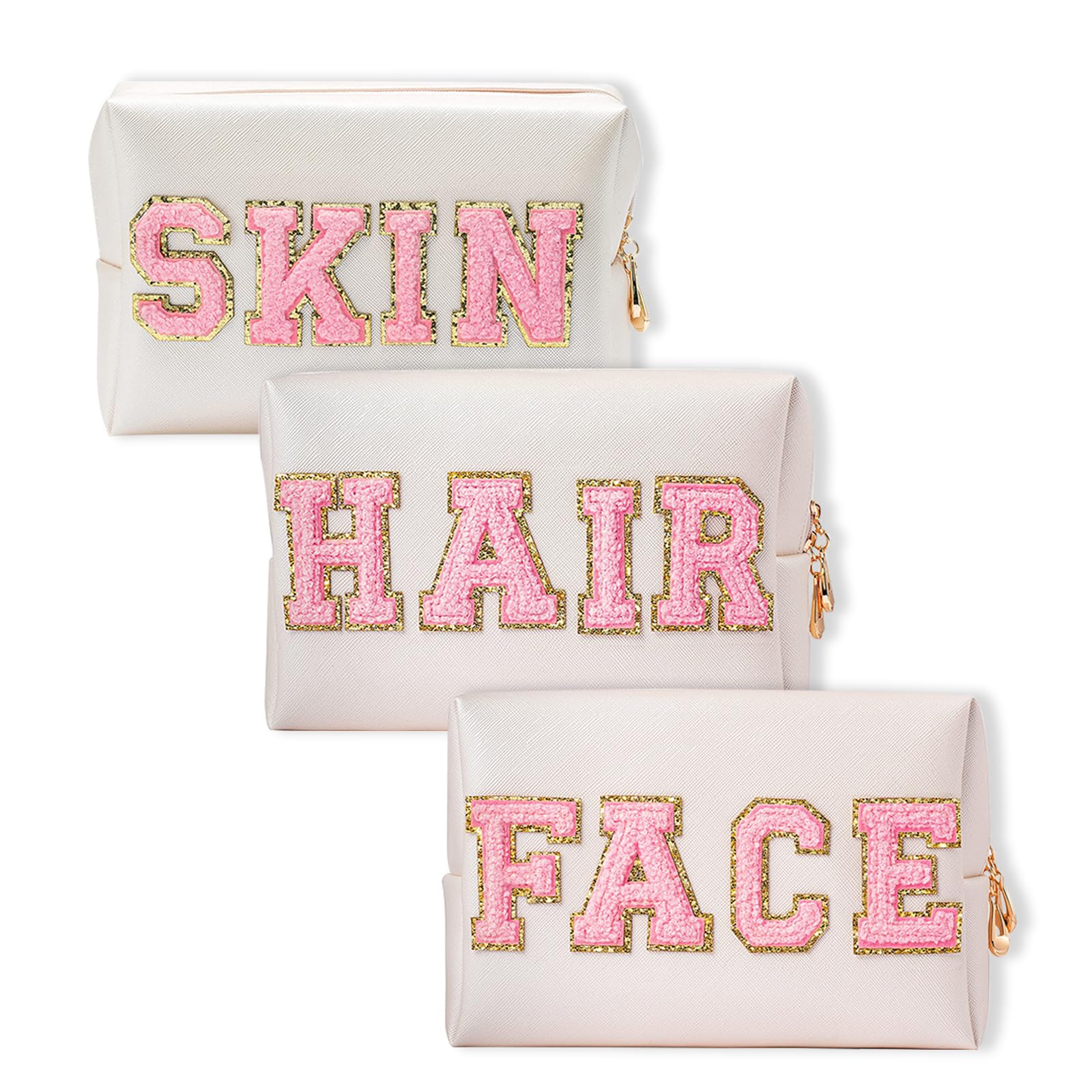 Chenille Letter Patch Cosmetic Bag - Portable, Waterproof Makeup Organizer for Teenage Girls