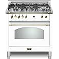 Lofra DolceVita Series 36 Inch Freestanding Dual Fuel Range Oven Stove, Cooktop 5 Sealed Brass Burners, Convection, 9 Cooking Modes, Knobs and Handrail Brass, in White