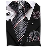 Hi-Tie Men Silk Ties Set with Flower Lapel Pin Necktie Pocket Square Cufflinks for Tuxedo Wedding Business