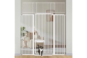 FLOWER FRAIL 71" Extra Tall Pet Gate with Cat Door, 48.9"-54.3" Extra Wide Cat Gates for Doorway, Pressure Mounted Safety Auto Close Metal Gate with Small Door for Puppy Kitten Toddler Child Stairs Hallway, White