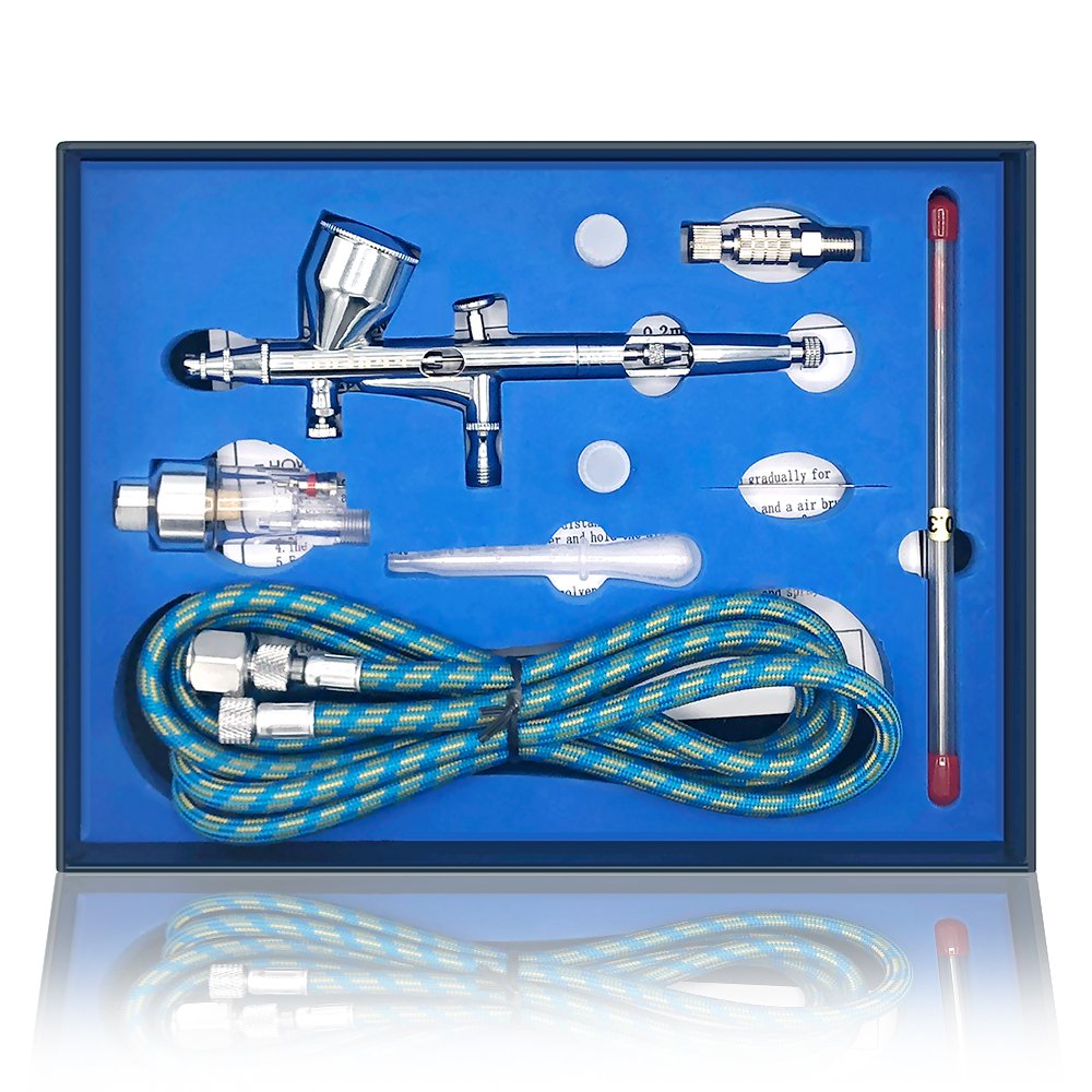 Gocheer Aerografo de alimentación por gravedad de doble acción de alta precisión con boquillas de 0.2 0.3 0.5 mm y manguera de 1/8\