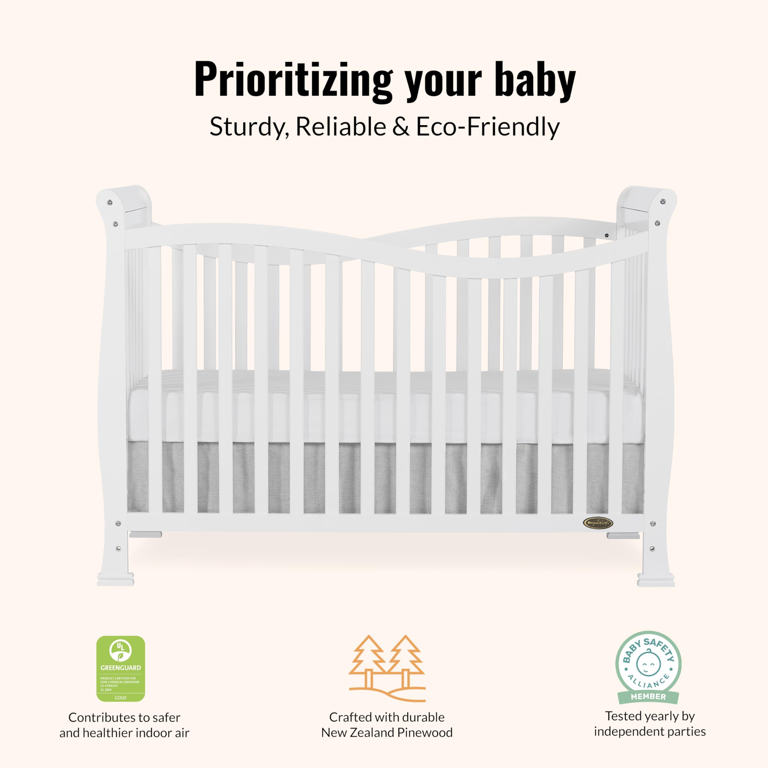 Dream On Me Violet 7-In-1 Convertible Life Style Crib In White, Greenguard Gold Certified, 4 Mattress Height Settings, Made Of Sustainable New Zealand Pinewood