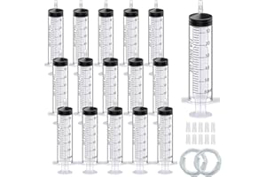 OMAWRF 15Pack 60ml Plastic Syringe Sterile Individual Wrap with Tip Cap&Soft Tube, Measurement and Dispensing Syringe Tools for Science Labs,Liquid Measuring,Feeding Pets,Oil or Glue Applicator (60ml, 15)