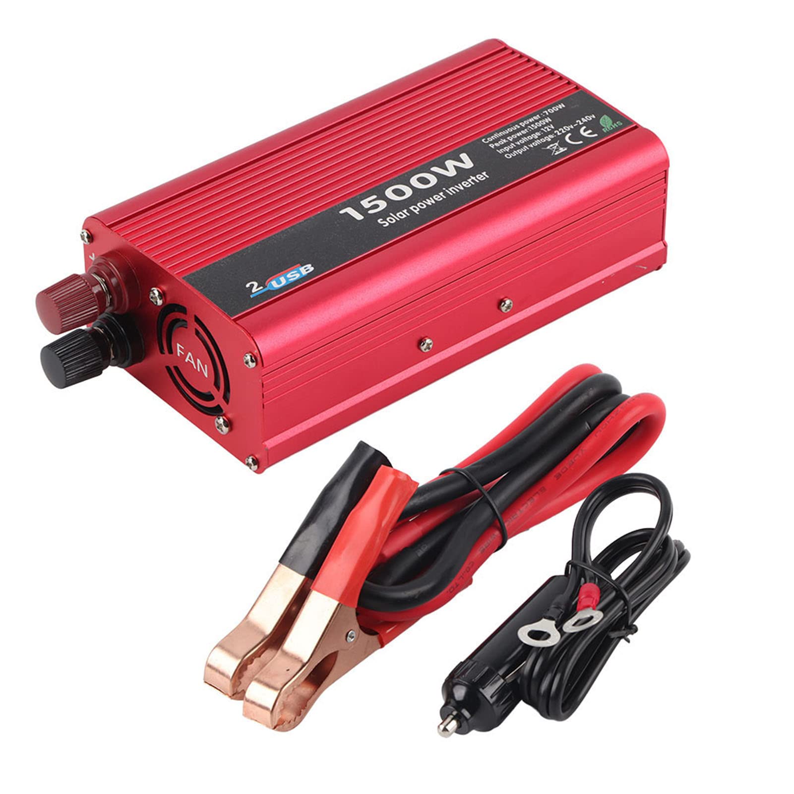 1500W DC 12V to AC 230V High Powder Car Power Converter Inverter Dual USB Adapter with USB Ports Long Cord Cigarette Plug Cable and Battery Clip Cable Car inverter