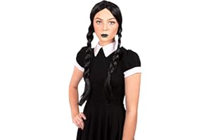Kangaroo Spooky Look- Evoke the Dark Charm with Wednesday Addams Wig - Braided Black Pigtail Costume Hair for Girls & Adults - Perfect for Halloween & Cosplay Parties