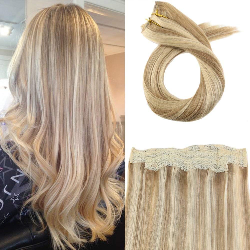 Moresoo 12 Inch Halo Remy Human Hair Extensions Color #14 Honey Blonde Mixed with #613 Bleach Blonde Halo Crown Extensions 50g Per Pack One Piece Dip Dyed Hair Extensions