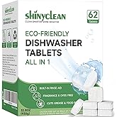 Shinyclean All-in-1 Dishwasher Tablets with Built-in Rinse Aid, 62 Count | Enzyme-powered, fragrance &amp; dye free, plant-based, phosphate-free, septic safe, hard water compatible, dissolvable film
