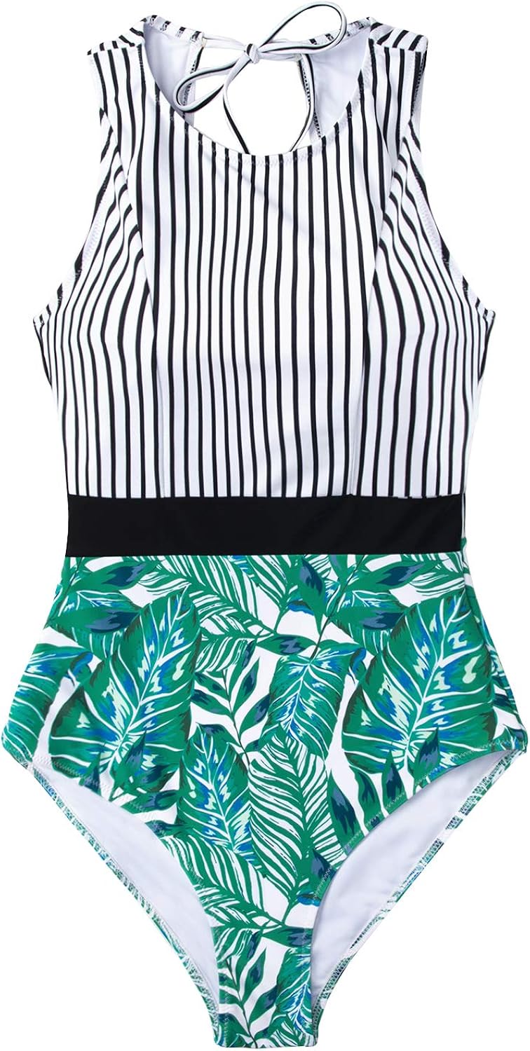 CUPSHE Women's Striped Leafy One Piece Swimsuit at  Women’s Clothing store