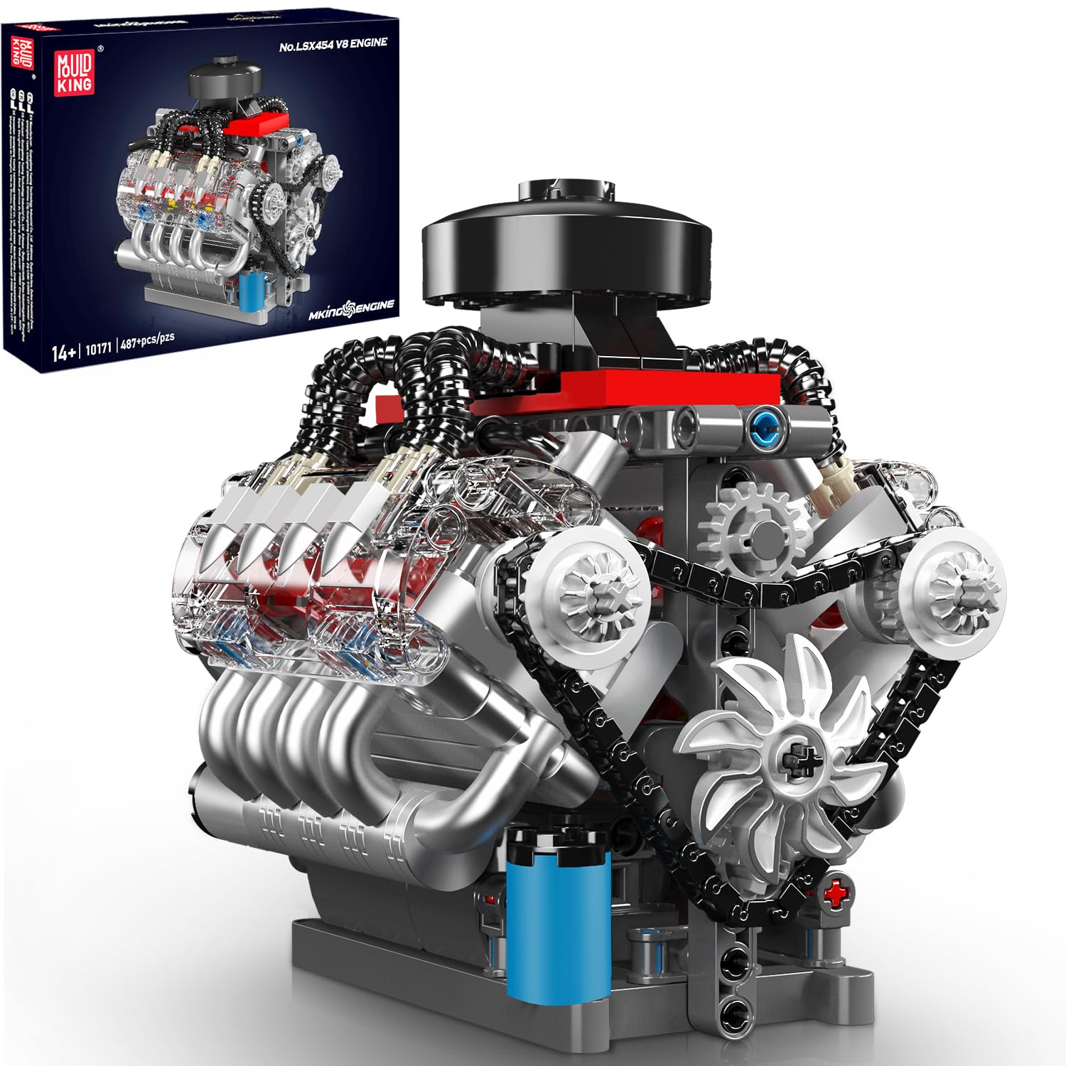 Mould King 10171 Technik V8 Motor Bausteine Spielzeug, APP V8 Motor Bausatz Auto Klemmbausteine Technik Modell Enthält Acht-Zylinder und Batteriekasten als Spielzeug/Geschenk/Sammlerstücke (487 Teile)