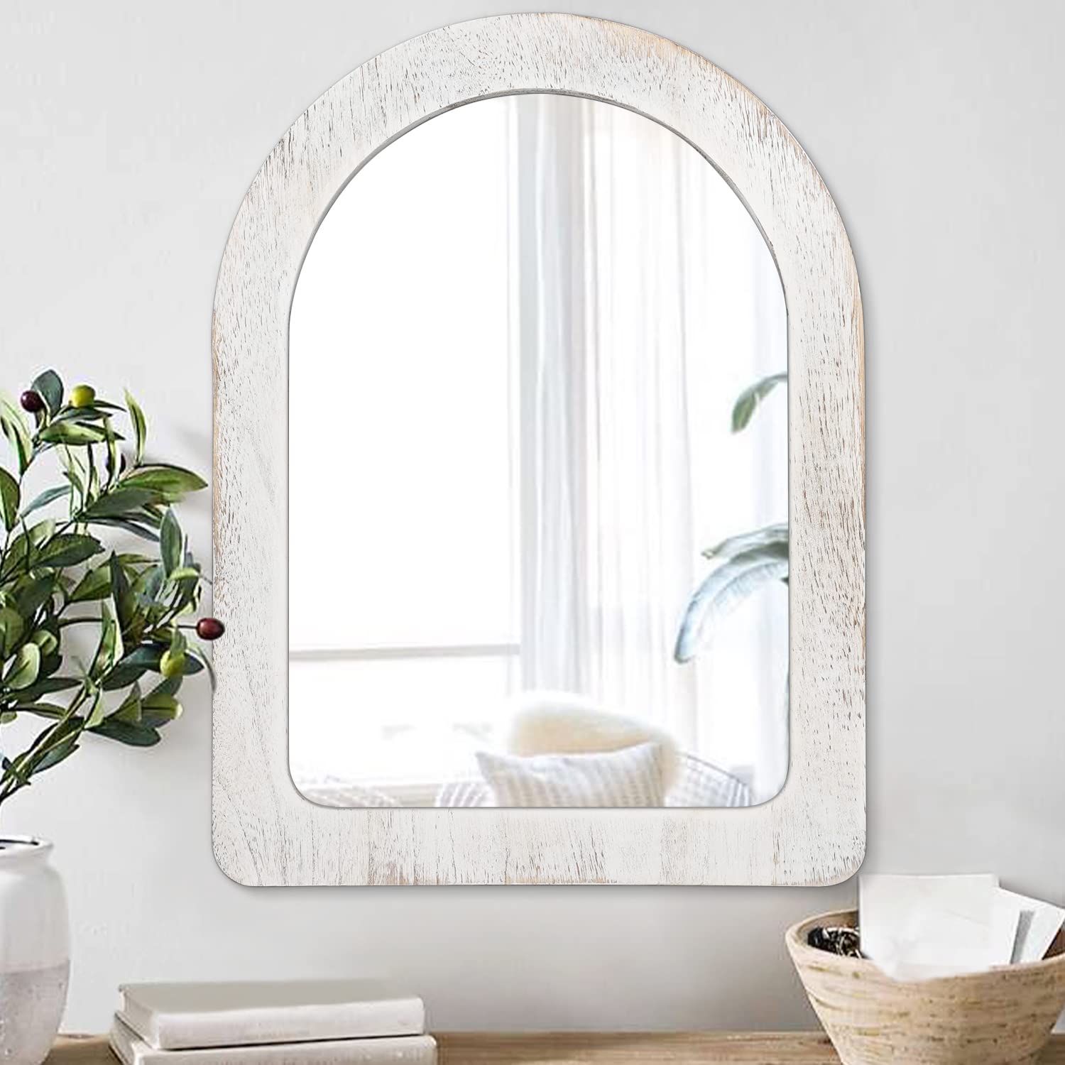 AAZZKANG Rustic Arch Wall Mirror With Wood Frame 50 x 40 cm - Decorative Hanging for Bedroom, Bathroom, Farmhouse Home Decor - White — image 1