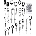 FIFATA 20 Pieces Men Earrings Set - Black Stainless Steel Chain Hoop Earrings Cross Moon and Star Dangle Earrings Piercing Jewelry for Men Women