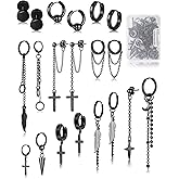 FIFATA 20 Pieces Men Earrings Set - Black Stainless Steel Chain Hoop Earrings Cross Moon and Star Dangle Earrings Piercing Jewelry for Men Women