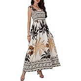 HUDILAN Women Summer Boho Maxi Dress Casual Hawaiian Sleeveless Square Neck Beach Vacation Dresses