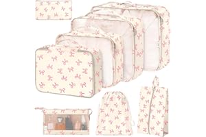 HATISAN 8 Set Packing Cubes for Suitcases,Suitcase Organizer with Shoe,Cosmetics,Clothing, and Accessories Bags for Travel Luggage Organizer Women Men(Pink Bows)