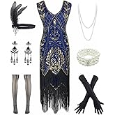 Women 1920S V Neck Sequined Beaded Gatsby Flapper Dress with 20s Accessories Set