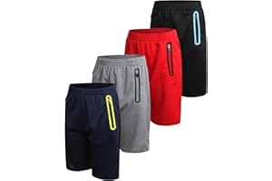 Pro Athlete Boys Basketball Shorts - 4 Pack Athletic Gym Shorts with Elastic Waistband & Zipper Pockets for Workout & Running