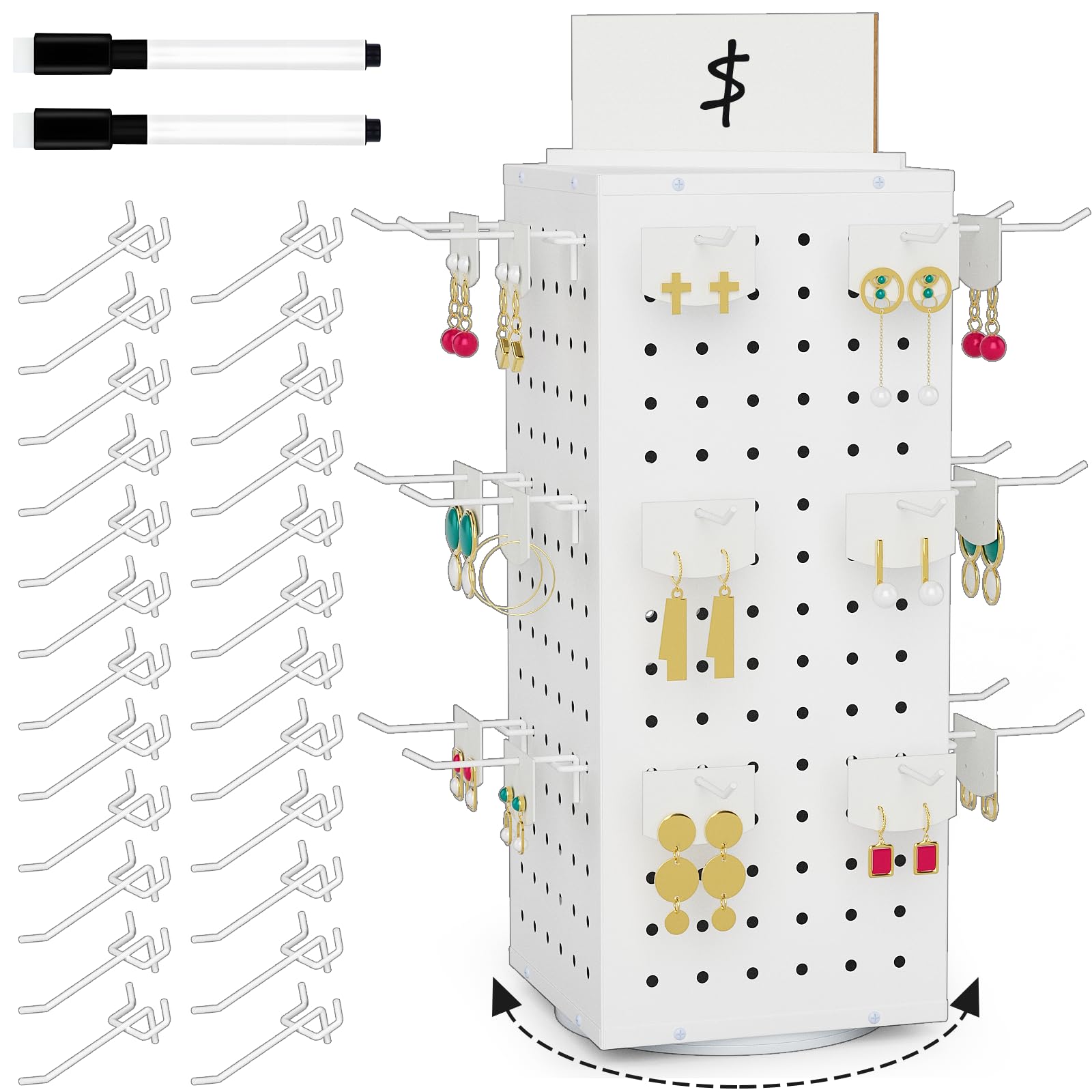 Photo 1 of VACONICO Rotating Pegboard Display Stand with 24 Hooks, Tabletop Metal Peg board Shelf for Craft Shows & Fairs, Retail Stores, Vendors Arts and Crafts Finishing - 4-Sided Craft Rack Organizer (White)