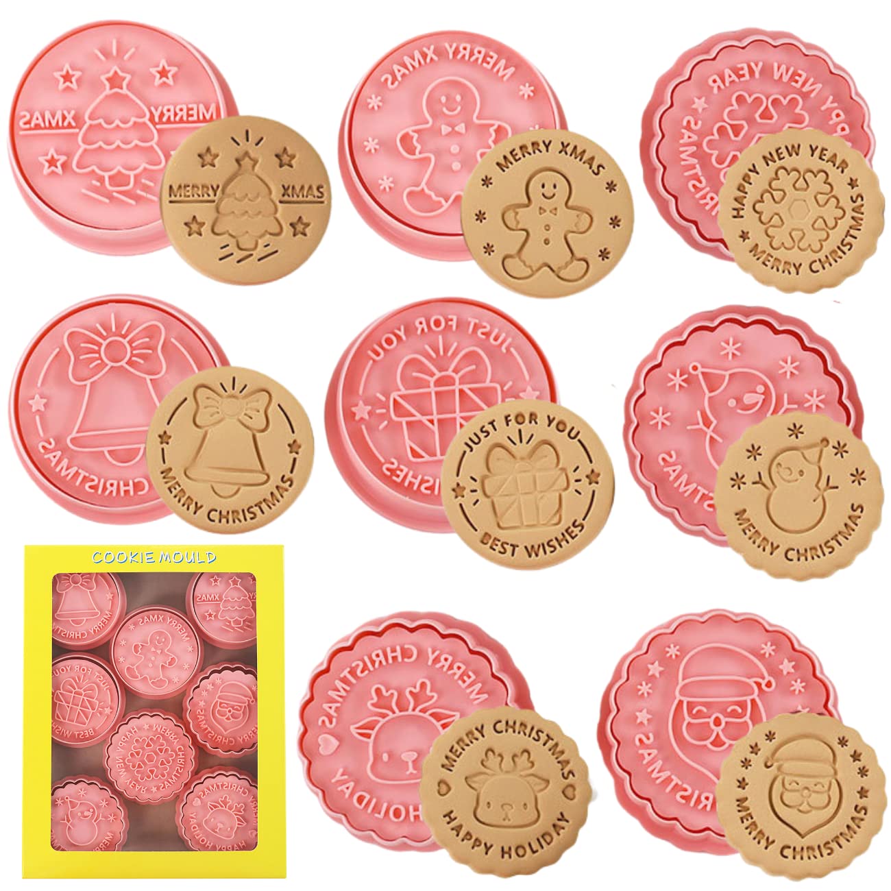 Christmas Cookie Cutter Set,8 Pieces 3D Plastic Cookie Stampers Santa Claus Xmas Tree Gingerbread Snowman Cutter Stamper Mold Biscuit Cutters for Christmas Baking — image 1