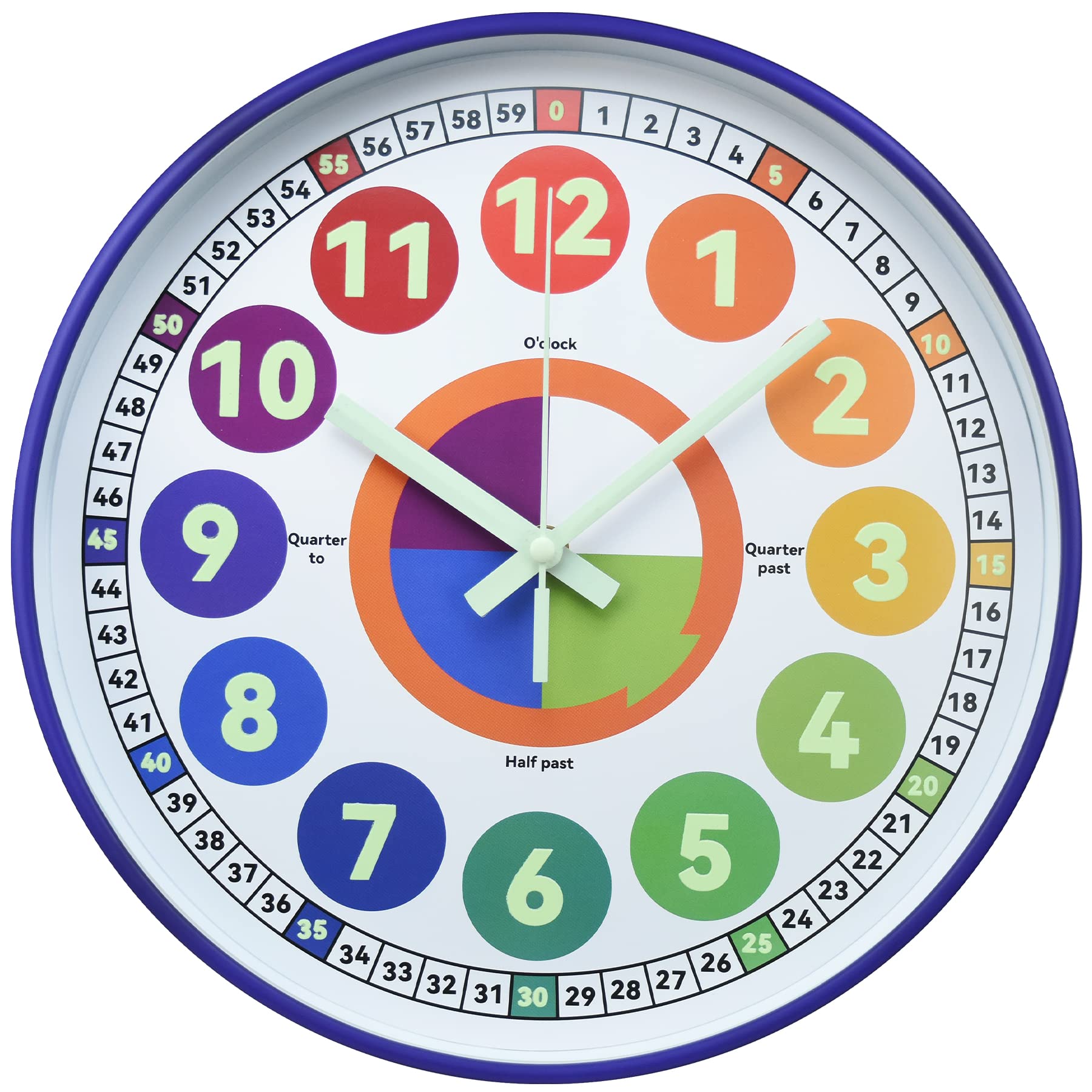 DORBOKER Glow in The Dark Wall Clock for Bedroom, 12 Inch Silent Night Light Kids Wall Clock, Colorful Illuminated Telling Time Teaching Clock (Purple, 30cm/12inch) — image 1