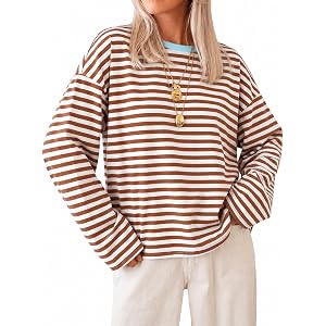 Cicy Bell Womens Striped Long Sleeve Shirts Crew Neck Casual Cotton Tops | Trendy Casual, Loose Fit, Fall Tops, Color Block