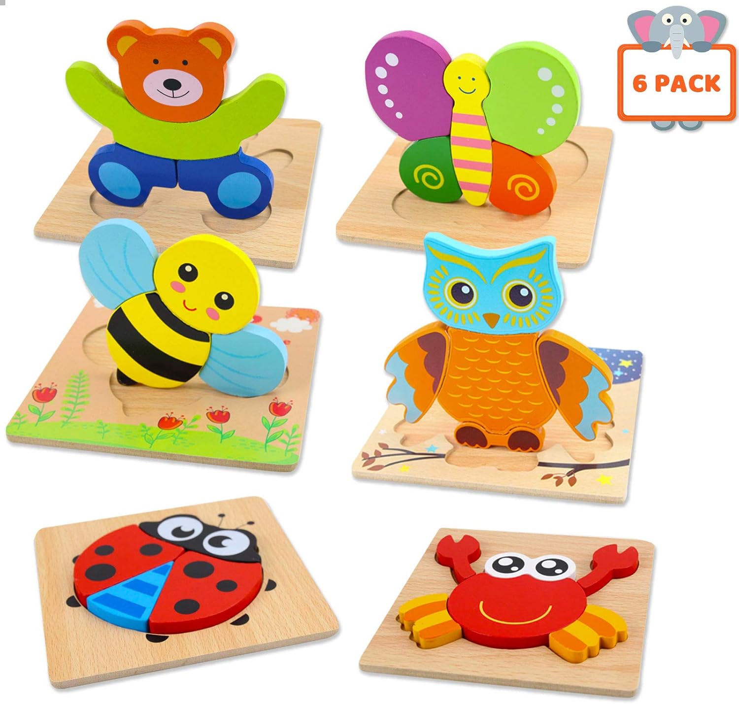Wooden Puzzles for Toddlers, WOOD CITY Animal Jigsaw Puzzles for Kids 1 2 3 Years Old, Educational Montessori Toys for Boys and Girls (6pack): Toys & Games