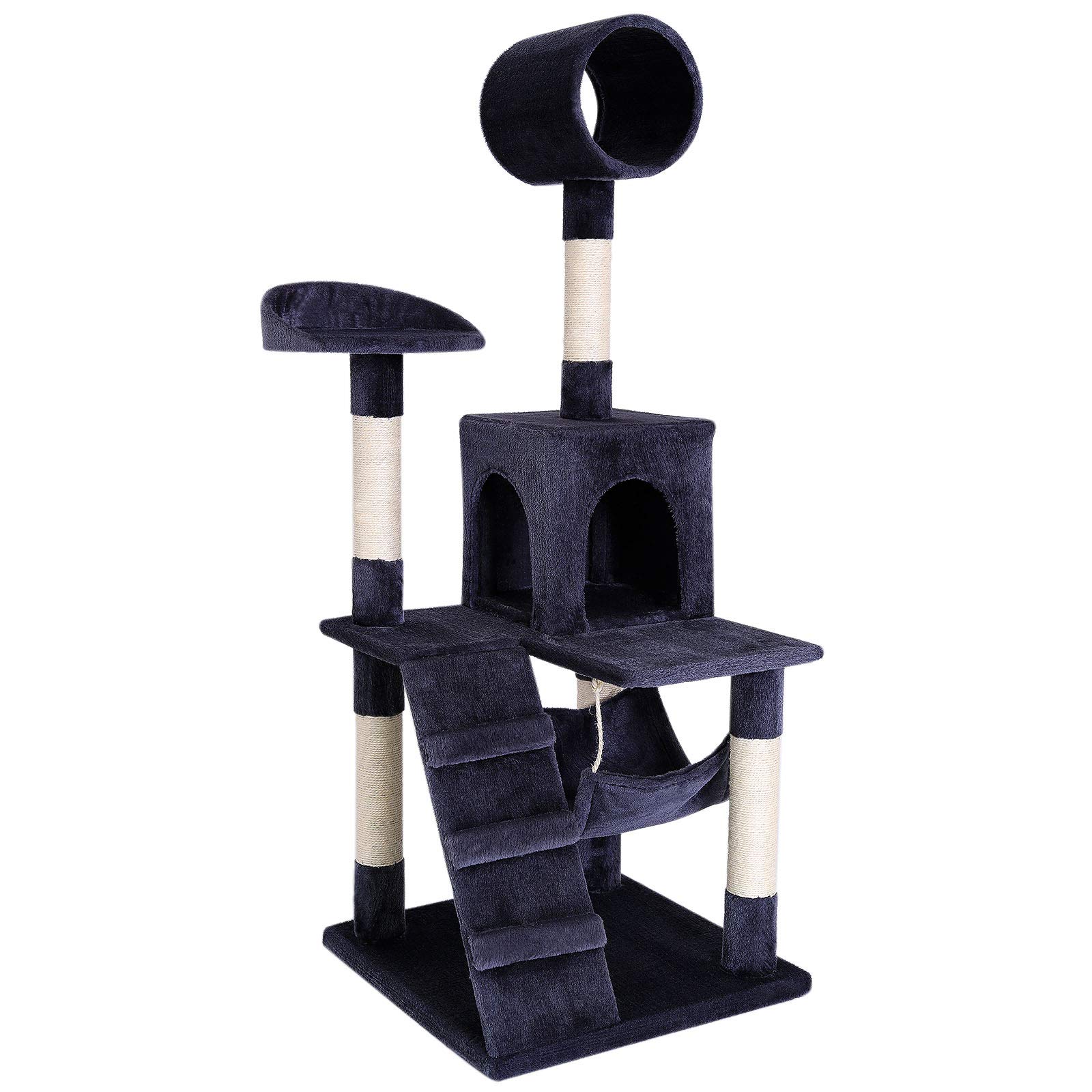 lionto Scratching tree for cats with hammock & tunnel, height 133 cm, cat tree with sisal rope & soft plush, cozy lying areas & caves, suitable for small & large cats, dark grey