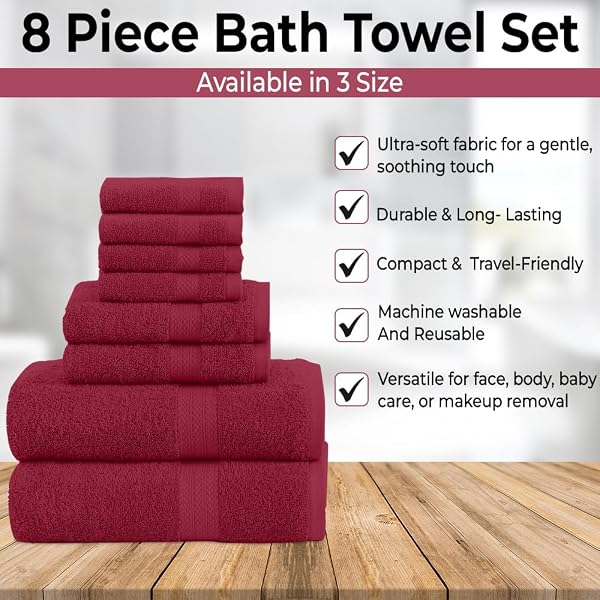 QUBA LINEN PACK OF 8 TOWELS SET, 2 LARGE BATH TOWELS, 2 HAND TOWELS, 4 WASH CLOTHS, 100% COTTON, LIGHTER WEIGHT, QUICKER TO DRY, SUPER ABSORBENT, PERFECT FOR BATHROOM (BURGANDY)