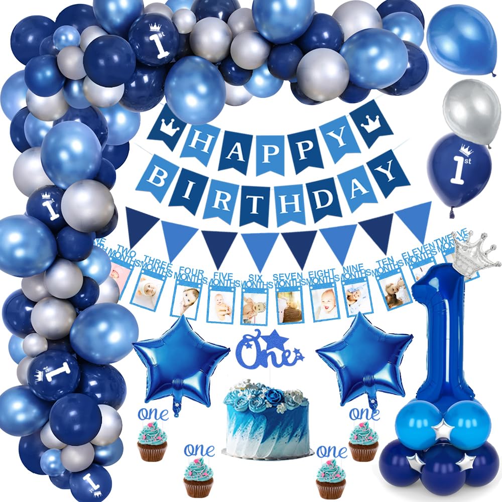 1st Birthday Decorations for Boys,First Birthday Party Decoration with Baby Month Photo Banner, Blue Silver Latex Balloons,Happy Birthday Banner,Star Foil Balloons for Boy Baby Shower