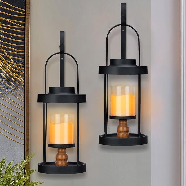 METAL WALL SCONCE CANDLE LANTERN SET OF 2 – BLACK WALL MOUNTED WOOD AND METAL HANGING HOLDER WITH GLASS & CANDLES VINTAGE WALL DECOR FOR PORCH, LIVING ROOM, DINING ROOM, BEDROOM INDOOR DECOR