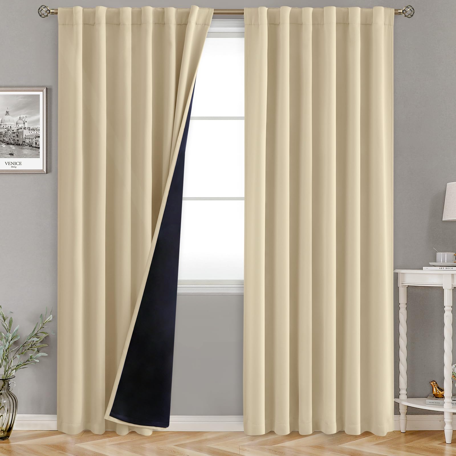 BGment Full Blackout Curtains with Thermal Insulation Liner Curtains 90 Inches Long, Rod Pocket and Back Tab Double Layer Room Darkening Window Curtain for Bedroom(52 x 90 Inch, 2 Panels, Natural)
