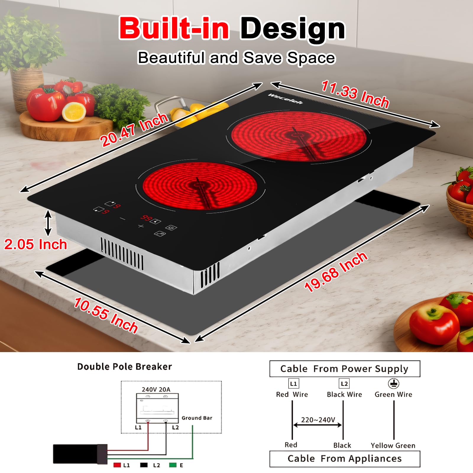 Weceleh 2 Burners Electric Cooktop, 12 inch Built-in 3200W Electric Stove Top, Ceramic Hob with Touch Control, Child Safety Lock, Overheat Protection, Timer, 9 Power Levels, Hard Wire for 220V~240V