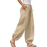ZAFUL Women Casual Linen Pants Lightweight Drawstring Elastic Waist Lounge Beach Summer Pants with Pockets Apricot XXL