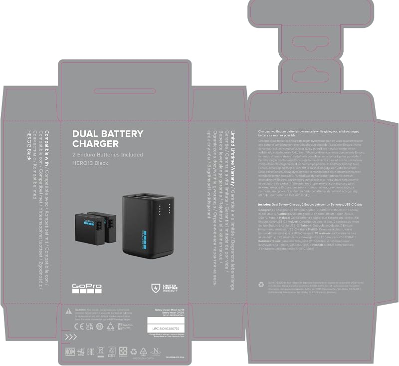 Caricabatterie doppio GoPro + 2 batterie ricaricabili Enduro (HERO13 Black) - Accessorio ufficiale GoPro