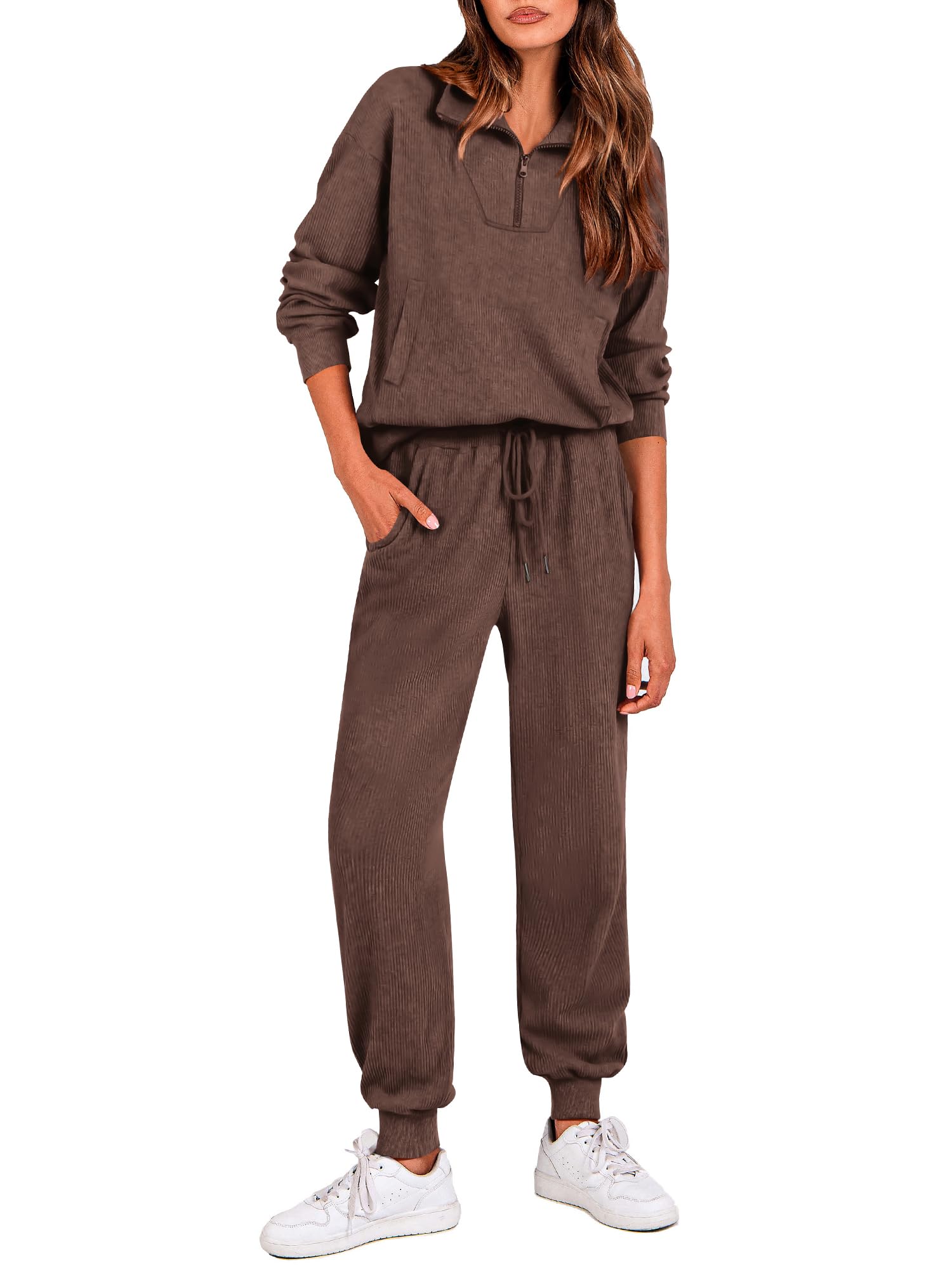 BTFBM Women's 2 Piece Tracksuit Fall Outfits 2025 Long Sleeve Half Zip Sweatshirt Sweatpants Lounge Set Sweatsuits(Solid Coffee,Medium)