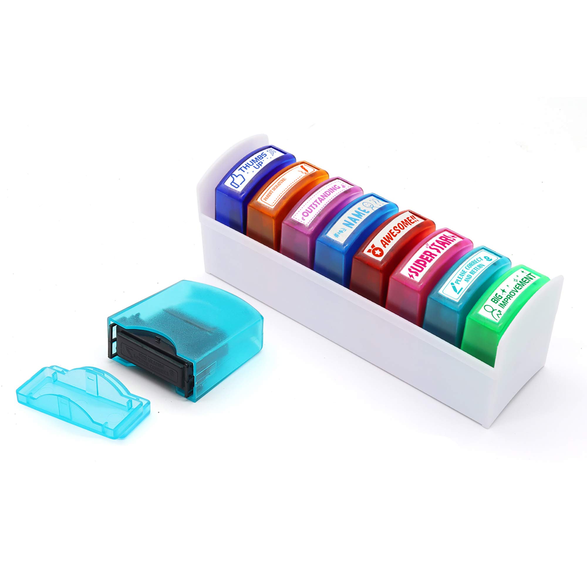 Photo 1 of RELIANCER 8PCS Teacher Stamp Set,Colorful Self-Inking Motivational Classroom Stamper for Grading,Encouraging Rating Stamp Student,Parent Signature Stamps for Homework,School Homeschool Reward Supplies